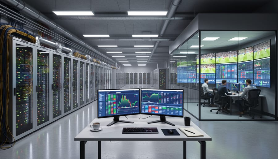 Modern data center server room with rows of server racks and blue indicator lights