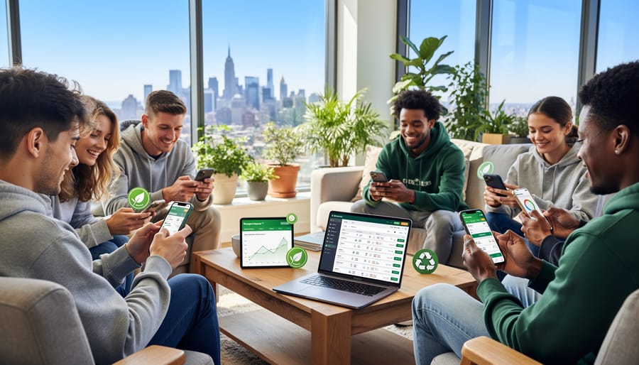 Young adults watching sports on mobile devices in social setting