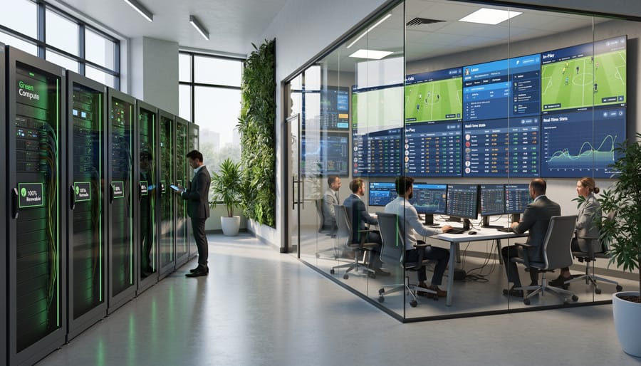 Illuminated fiber optic cables connected to server equipment in data center