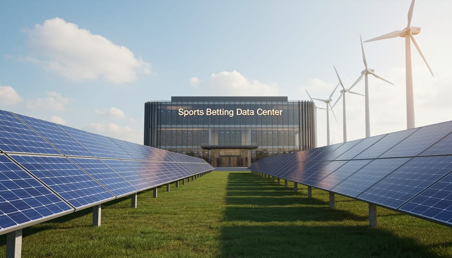 Wind turbines and solar panels at renewable energy facility during golden hour
