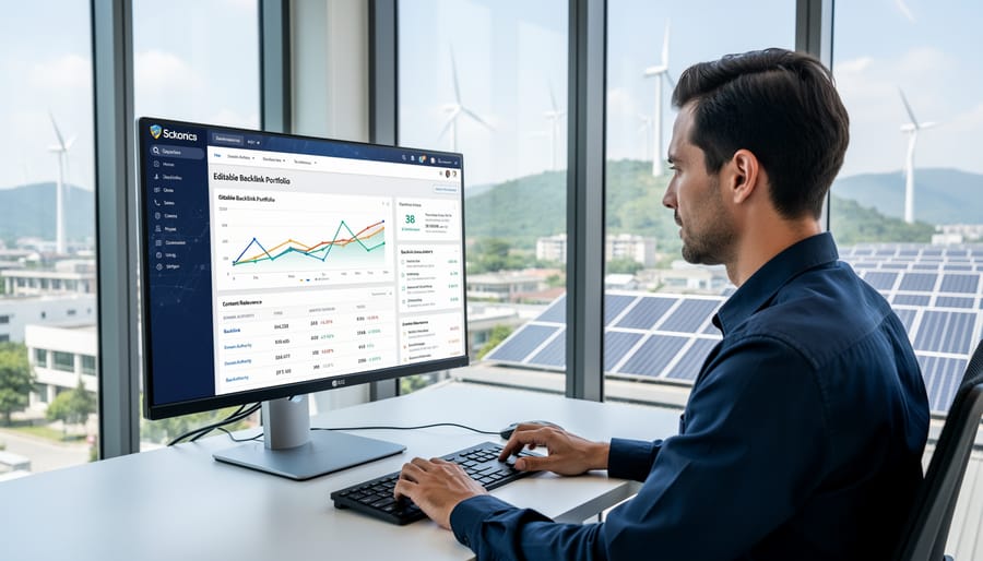 Person working on laptop managing and tracking website backlinks