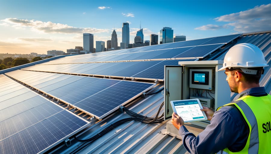 Close-up of modern solar panels installed on commercial building roof