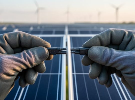 Gloved hands of a renewable energy technician snapping MC4 connectors beside a solar panel, with rows of panels and distant wind turbines softly blurred in the background.