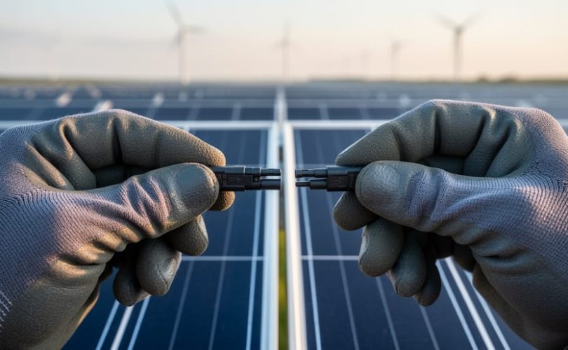 Gloved hands of a renewable energy technician snapping MC4 connectors beside a solar panel, with rows of panels and distant wind turbines softly blurred in the background.