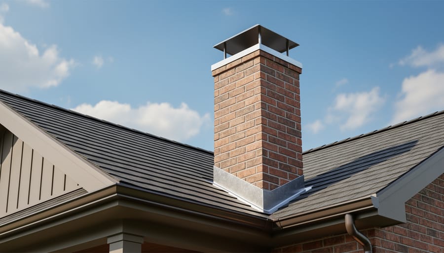 Exterior brick chimney with metal cap extending above residential roofline