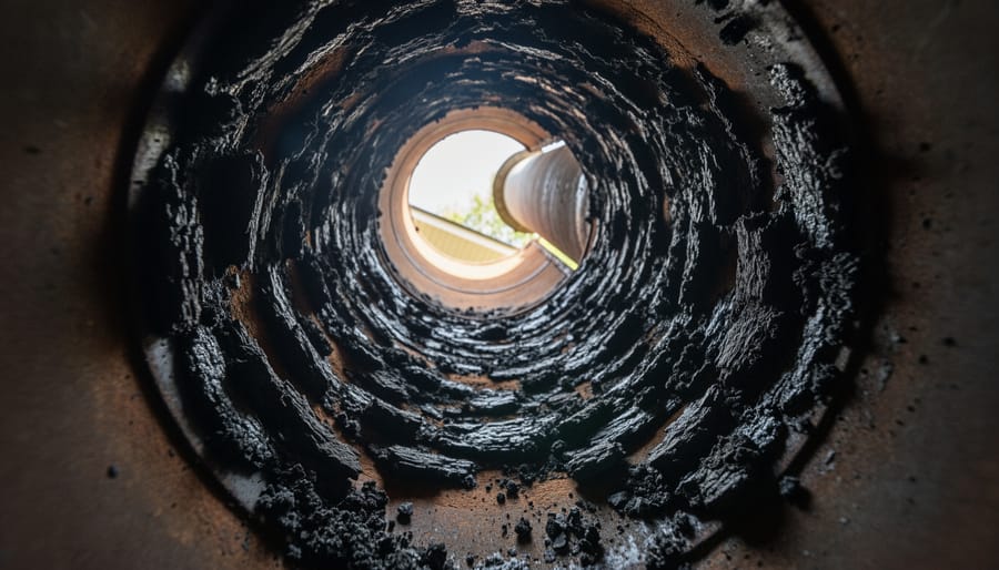 Close-up of black creosote buildup inside chimney flue pipe