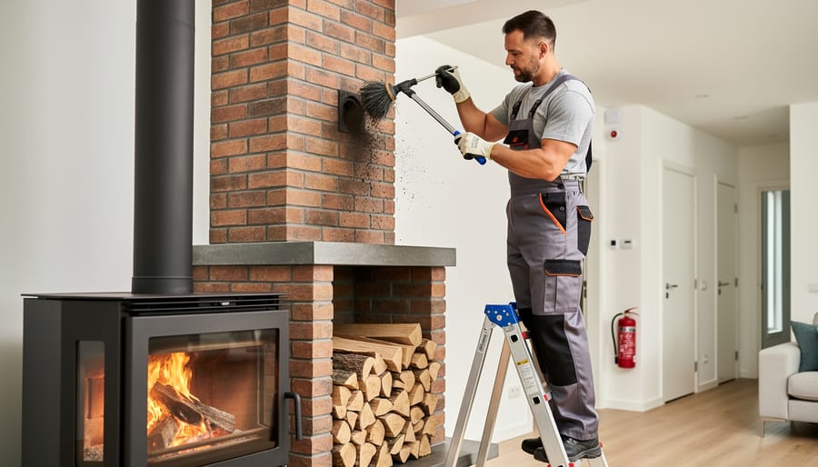 Professional chimney sweep performing maintenance on residential chimney