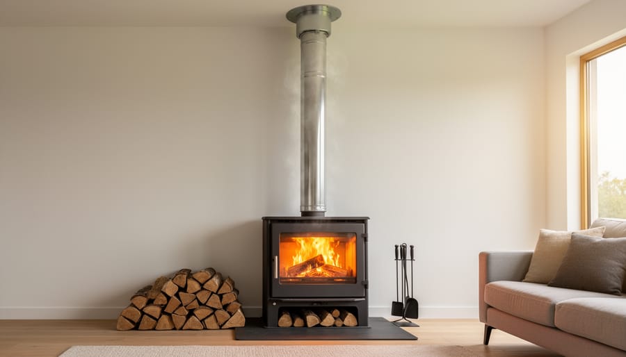 Wood stove with visible flames through glass door in home setting