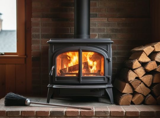 Cast-iron wood stove with bright flames, clean stovepipe, stacked seasoned firewood, and a chimney brush on the hearth, with a softly blurred rooftop chimney visible through the window.