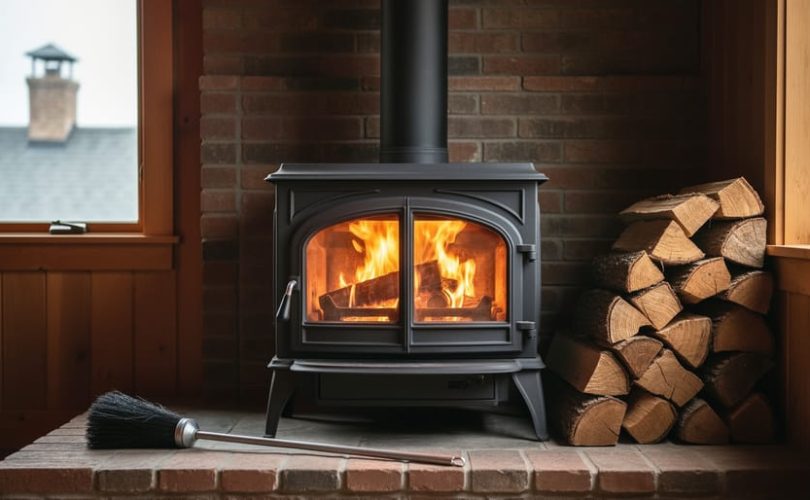 Cast-iron wood stove with bright flames, clean stovepipe, stacked seasoned firewood, and a chimney brush on the hearth, with a softly blurred rooftop chimney visible through the window.