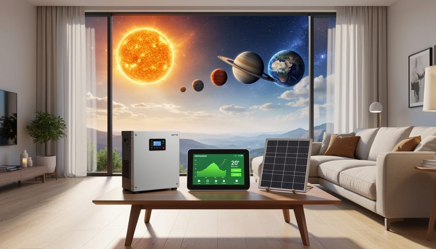 Family seated inside a living room looking out at rooftop solar panels.