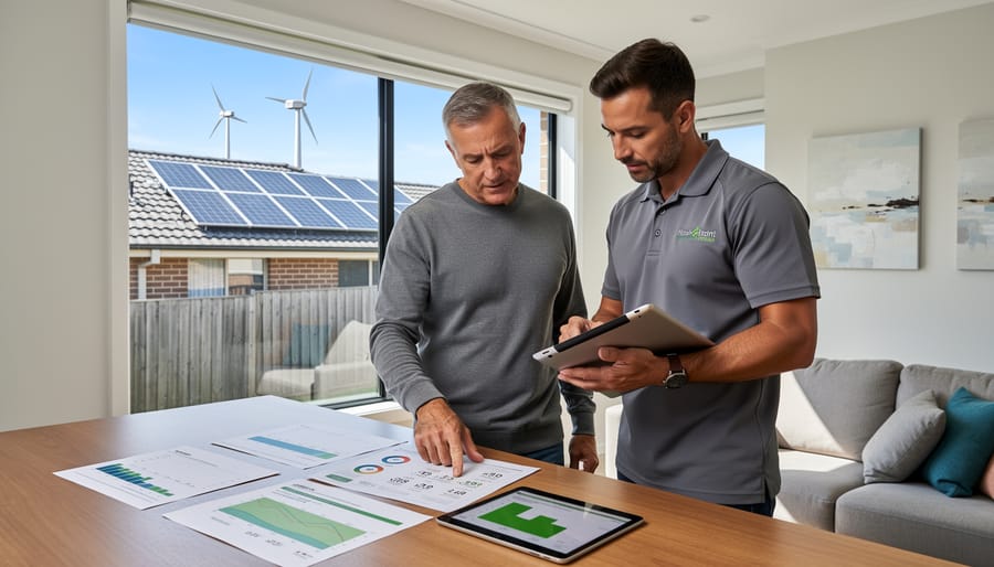 Homeowner and technician standing beside rooftop solar panels while reviewing the installation.