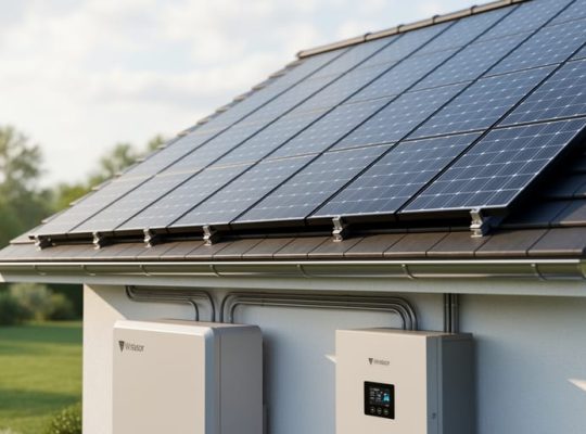 Solar panel array on a modern roof with a solar battery and inverter cabinet visible in the foreground during soft daylight.