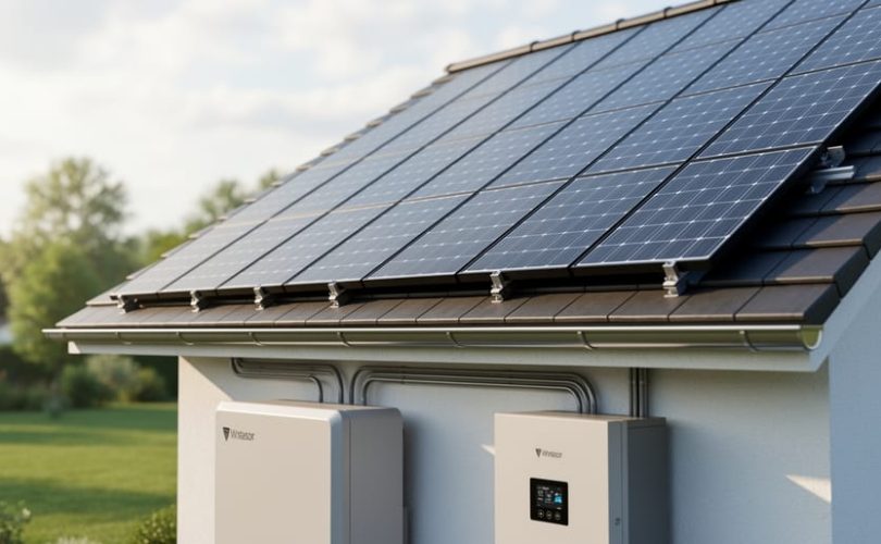 Solar panel array on a modern roof with a solar battery and inverter cabinet visible in the foreground during soft daylight.