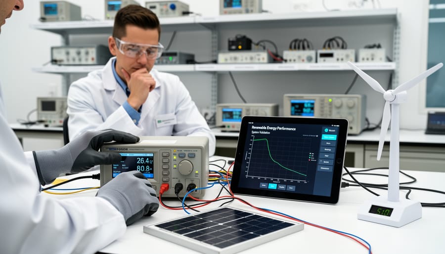 Technician inspecting solar testing equipment and a power inverter in a lab setting with indicator lights.
