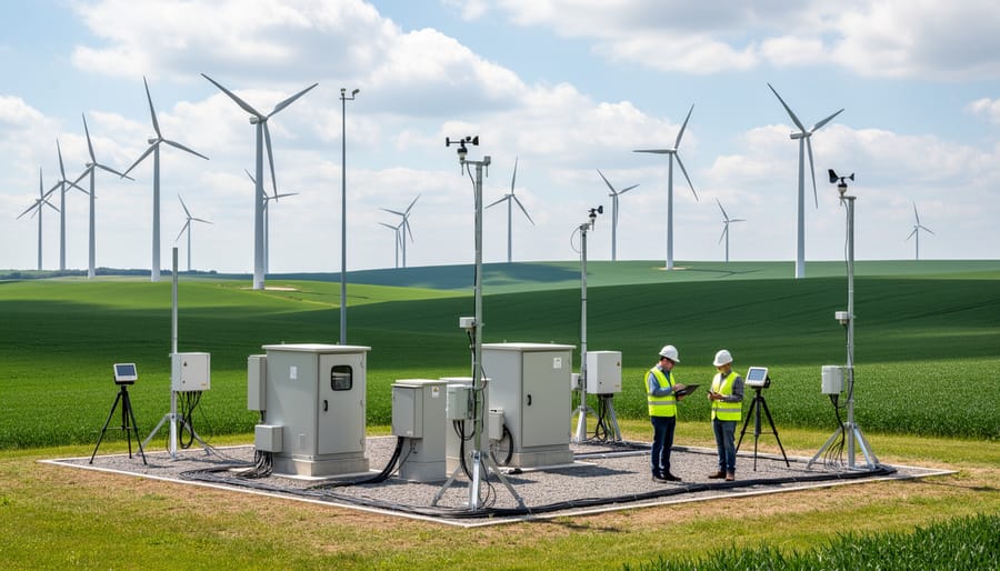 Wind turbine base and ground testing equipment in an open field during golden hour.