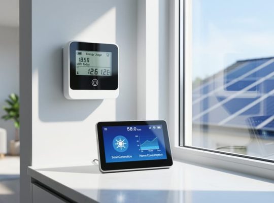 Smart electricity meter and energy display on a countertop near a window with rooftop solar panels visible in the blurred background.