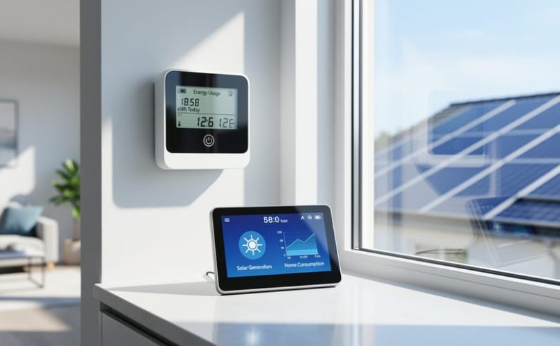 Smart electricity meter and energy display on a countertop near a window with rooftop solar panels visible in the blurred background.
