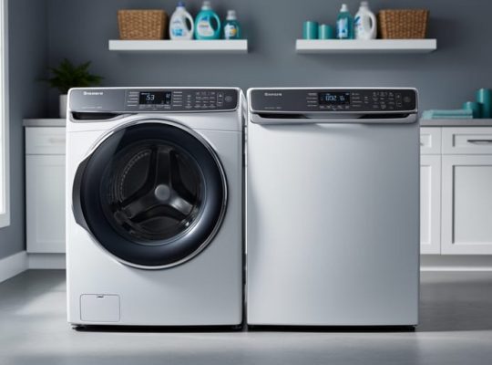 Modern energy-efficient laundry appliances in a bright Ontario home laundry room.