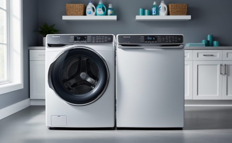 Modern energy-efficient laundry appliances in a bright Ontario home laundry room.