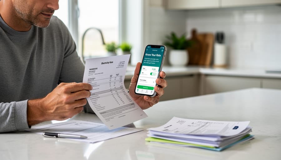 Homeowner reviewing an electricity bill at a kitchen counter with a smartphone nearby