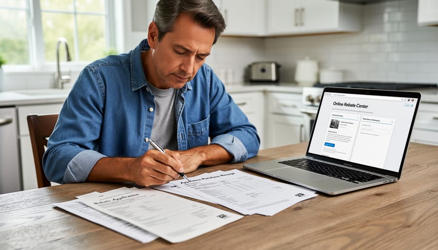 Homeowner reviewing appliance purchase paperwork and a receipt in a bright kitchen