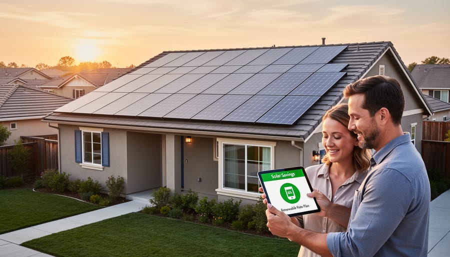 Rooftop solar panels catching golden hour sunlight