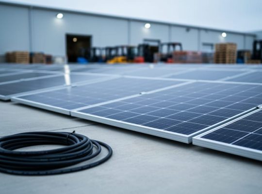Solar panel array displayed in a warehouse auction-lot setting with a close-up view of panel surfaces and coiled cable in the foreground.