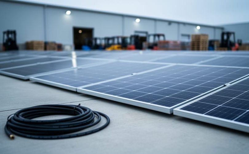 Solar panel array displayed in a warehouse auction-lot setting with a close-up view of panel surfaces and coiled cable in the foreground.
