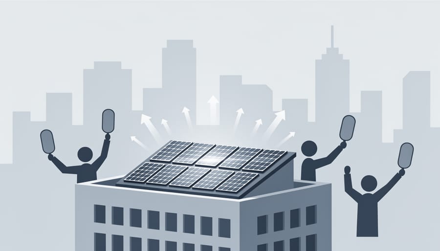 Solar panels mounted on a residential roof in golden hour lighting.