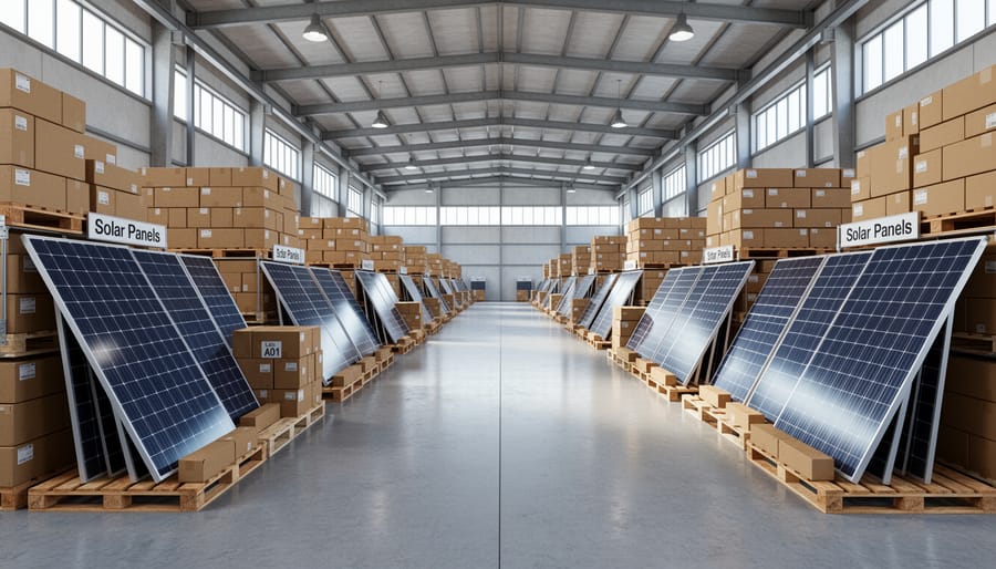 Stacks of solar panels on pallets inside a warehouse setting for an auction.