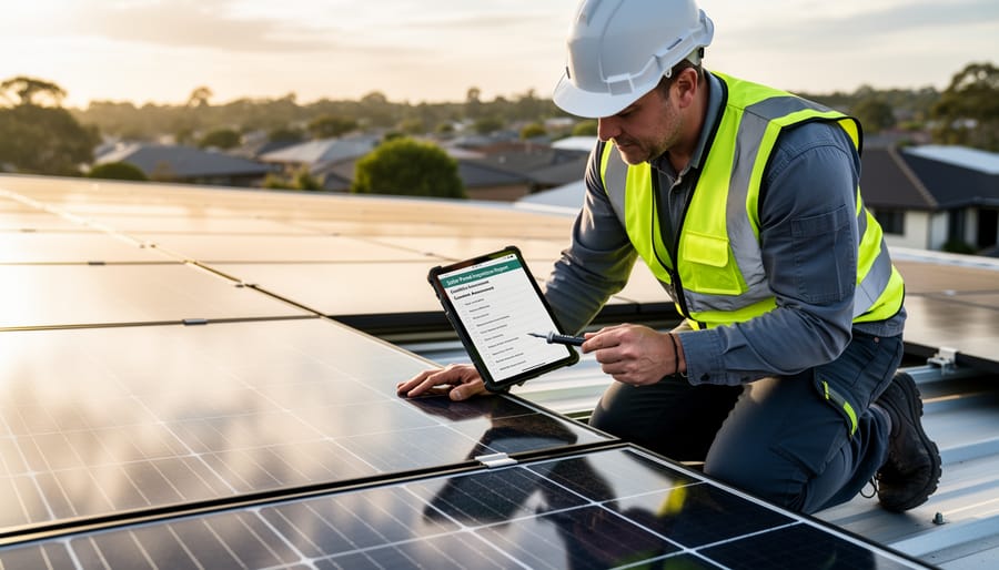 Technician’s hands inspecting a solar panel’s junction box and panel frame.