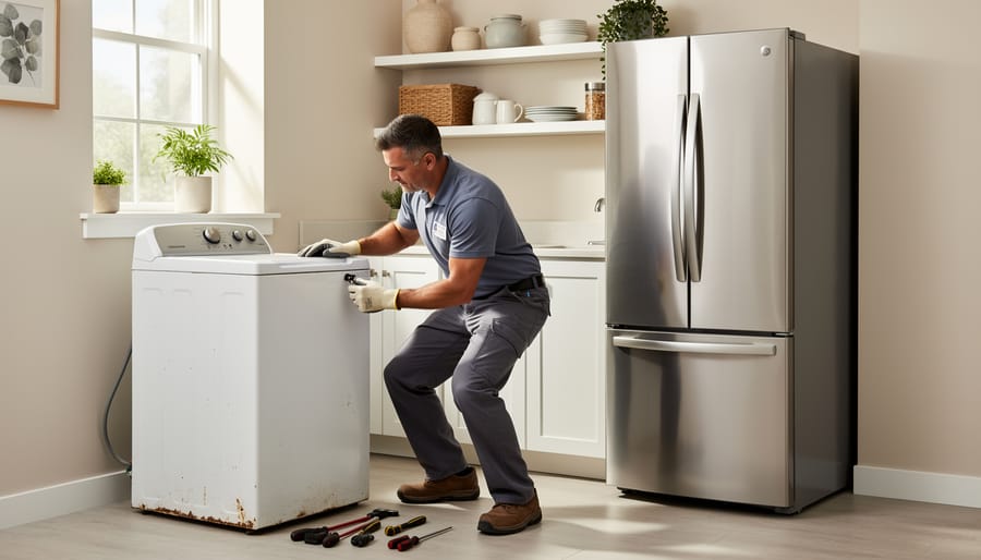 Technician’s hands preparing to install a new efficient dryer in a laundry room