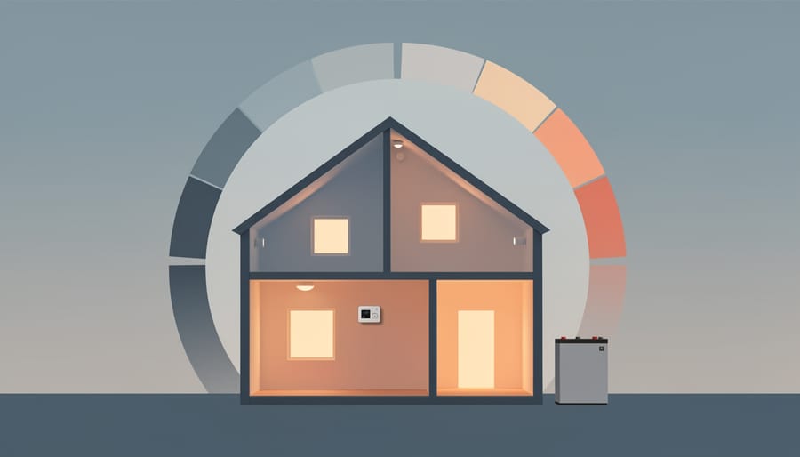 Warm-lit living room with a discreet battery storage unit near smart home devices