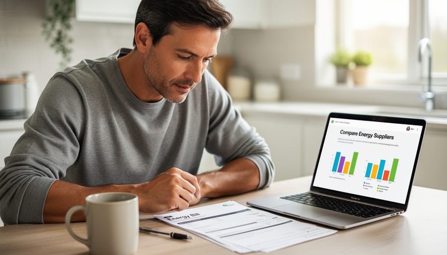 Homeowner reviewing an electricity bill at a kitchen table while holding a phone for energy switching research