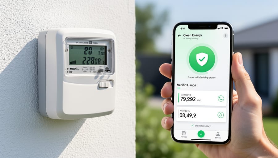 Smart electricity meter on a utility wall with a person’s hand and phone nearby, indicating meter confirmation during switching