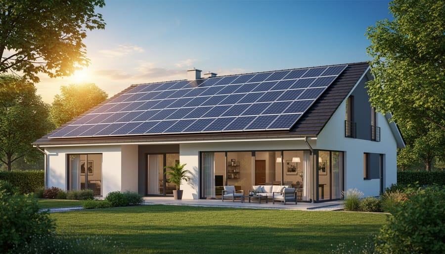 Solar panels on a residential rooftop under golden hour sunlight representing renewable energy