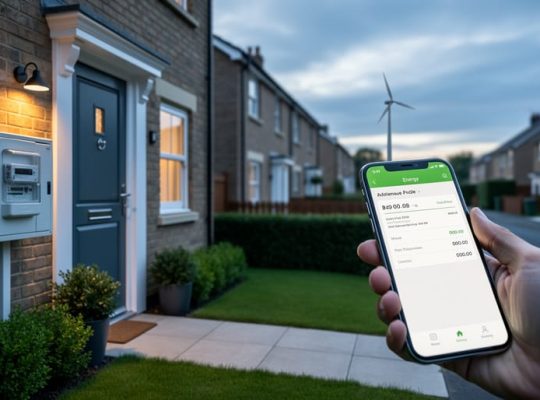 UK home exterior with a visible energy meter box and a smartphone indicating energy management, with a clean power wind turbine silhouette in the background.