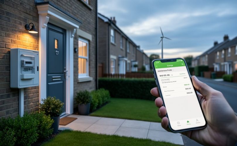 UK home exterior with a visible energy meter box and a smartphone indicating energy management, with a clean power wind turbine silhouette in the background.
