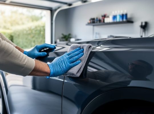A person in nitrile gloves applies ceramic coating to a dark electric vehicle panel with a microfiber applicator in a clean garage.