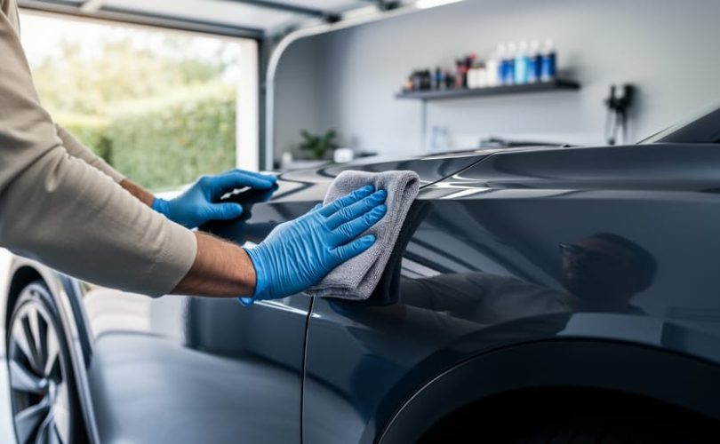 A person in nitrile gloves applies ceramic coating to a dark electric vehicle panel with a microfiber applicator in a clean garage.