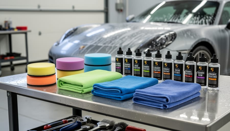 Ceramic coating supplies and microfiber towels laid out on a garage workbench for DIY application.