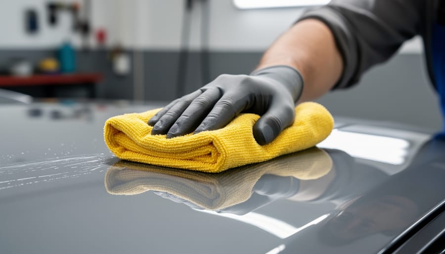 Gloved hand wiping an electric vehicle’s painted panel with a microfiber towel for ceramic coating prep.