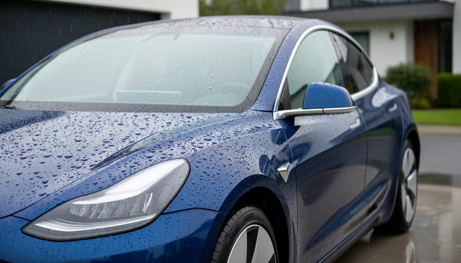 Water beading on a modern electric car hood in overcast light, suggesting hydrophobic ceramic coating protection.