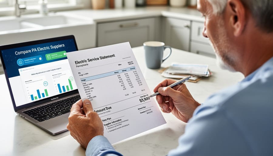 Person reviewing an electricity bill and using a smartphone on a kitchen table