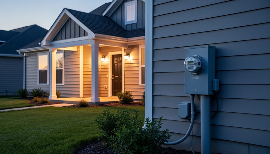 House exterior at dusk with a visible electric meter near the entrance