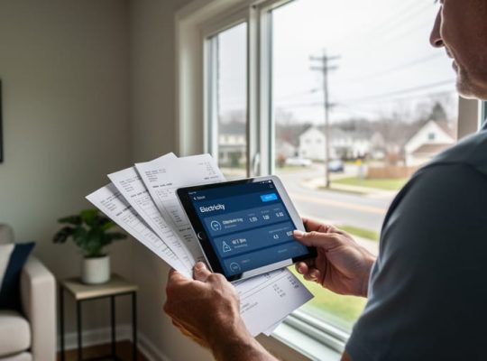 Homeowner reviewing electricity bill information on a tablet near a window with utility lines visible in the distance