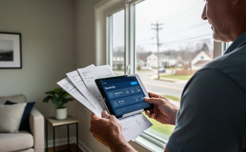Homeowner reviewing electricity bill information on a tablet near a window with utility lines visible in the distance